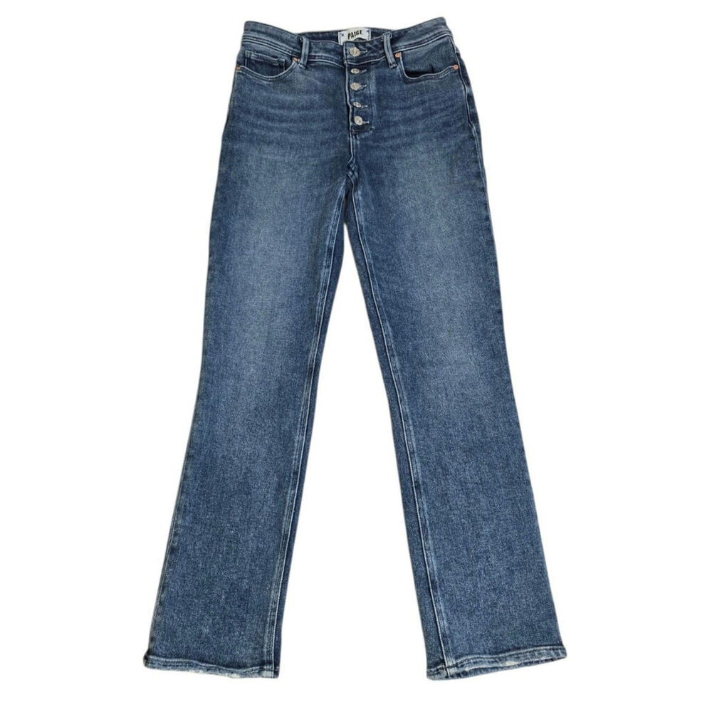 PAIGE Cindy Straight Leg Jeans Exposed Button Fly Raw Hem Size 25 Medium Blue